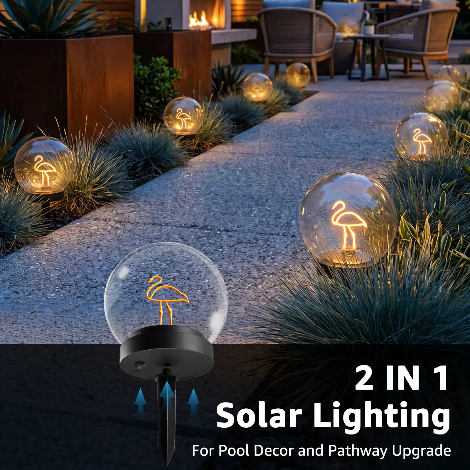 UUFFOO Solar-Powered Floating Ball Lanterns with Stick, 2-Pack, IP66 Water Resistant, Automatic Night Illumination, Up to 10 Hours Runtime, Warm White Light, Batteries Included for Pool Backyard Patio