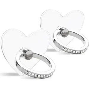 [2 Pack] Transparent Diamond Setting Cell Phone Ring Holder Stand,360 Degree Rotation and 180 Degree Adjustable Finger Ring Kickstand with Polished Electroplated Phone Grip (Love Heart)