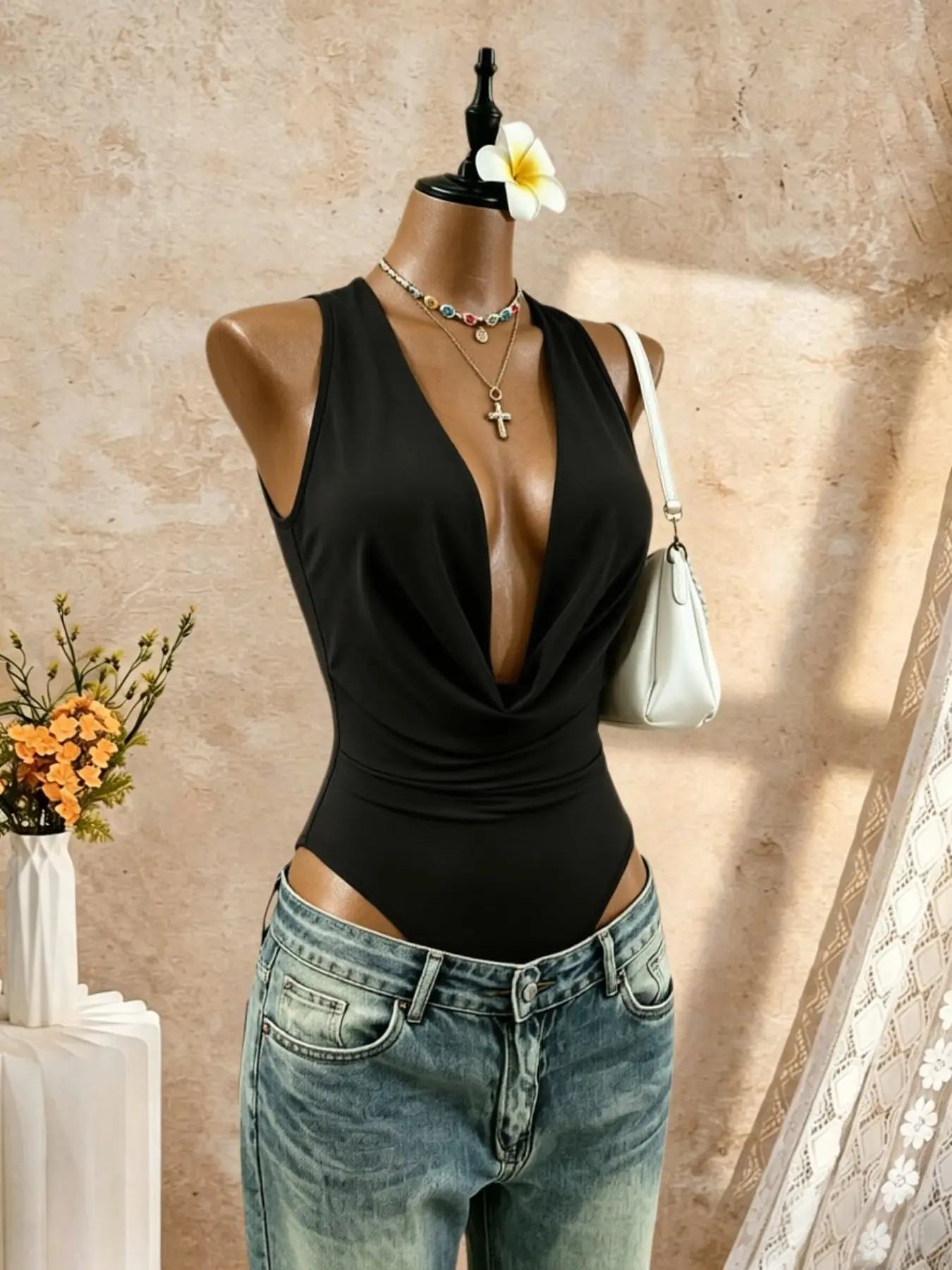 Sexy Deep V-Neck Bodycon Slim Fitting Bodysuit for Women, Sleeveless Slim Fit Basic Tight Top, Perfect for Everyday Wear and Special Occasions