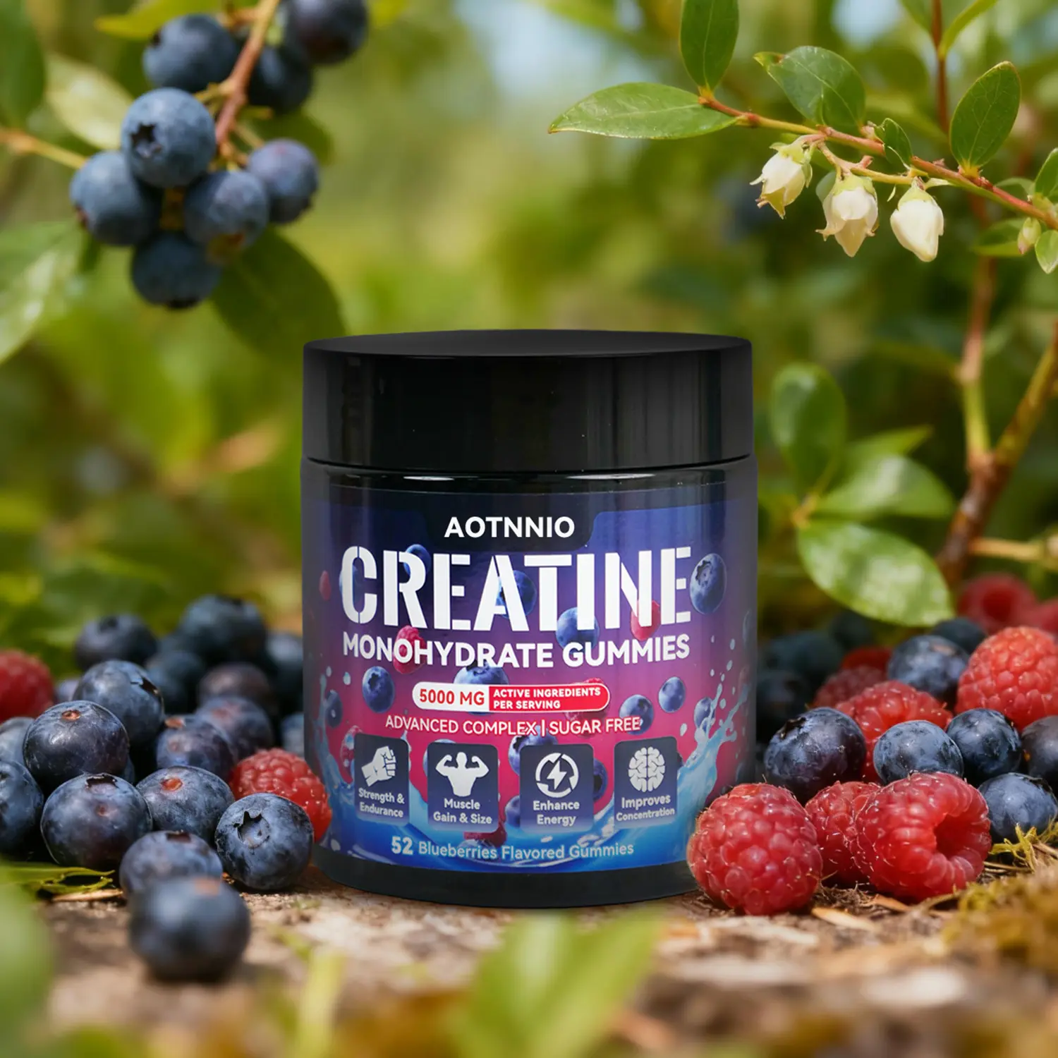 Creatine Monohydrate &Carnitine Gummies 5000 MG Sugar Free Blueberries Flavored for Strength Gain and Faster Recovery