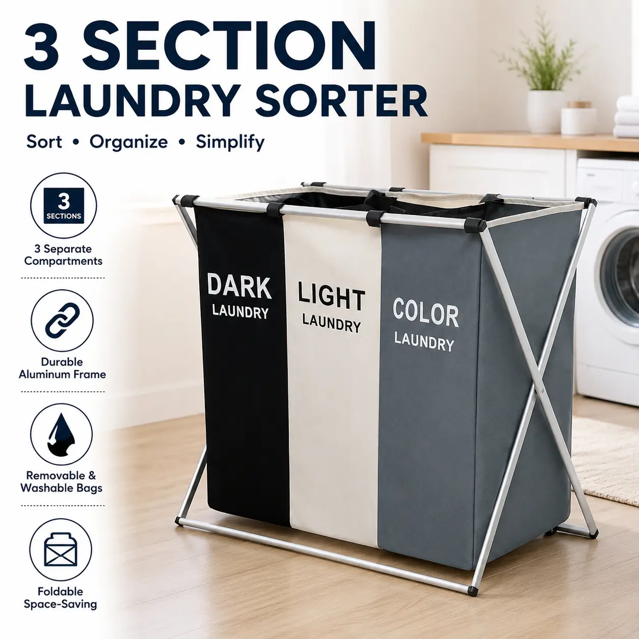 3 Section Laundry Hamper Collapsible Clothes Sorter Basket Heavy Duty Aluminum Frame Laundry Bin Organizer with Handles Waterproof Oxford Fabric Large Capacity Storage for White Color Dark Clothes