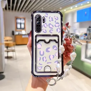 P30 Pro Popular Series Jewelry Lanyard Strap Card Holder Slot Phone Case For Compatible With Huawei P30 Pro Transparent Plating Cover and Durable High-end Purple Leopard Print Protector