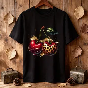 Women's Vintage Graphic Tees - Leopard Print Glitter Cherry Oversized T-Shirt | Y2K Sparkle Trendy Tops
