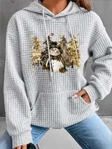 Women's Trendy Hooded Sweatshirt Christmas Cat & Tree Print, Long Sleeve Pocket Pullover, Fall Winter Casual Top, Graphic Hoodies
