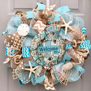 Summer Beach Door Decor 11.8 Inch Summer Beach Wreath for Front Door Starfish Seashell Hanging Sign Blue Coral Wall Hanger for Home Office Porch Indoor Outdoor Party Decor