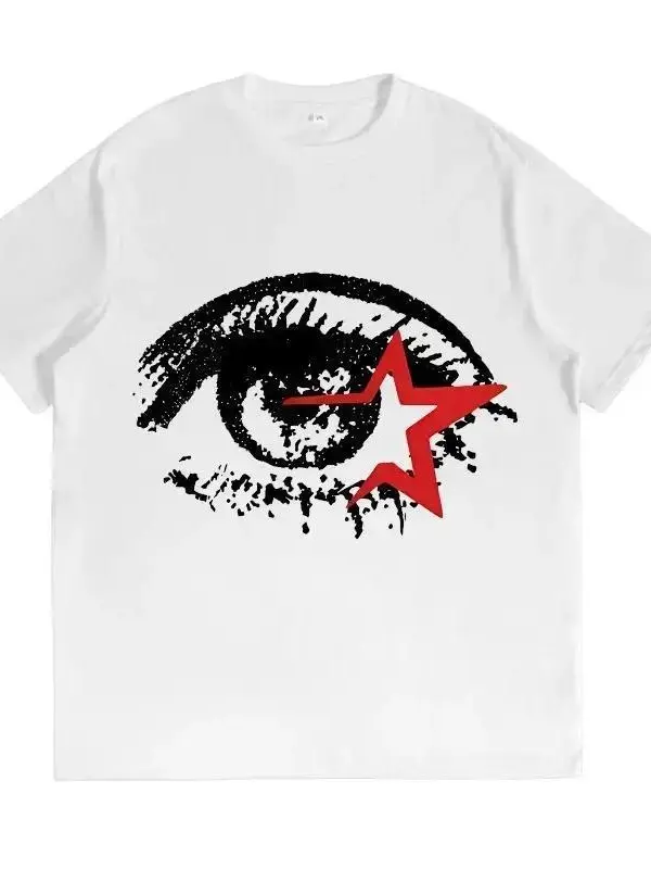 Women's Y2K Short Sleeve T-Shirt - Classic Crew Neck, Soft Cotton, Large Eye Print, Loose Cut, Unisex Wear, Summer Streetwear Casual Top