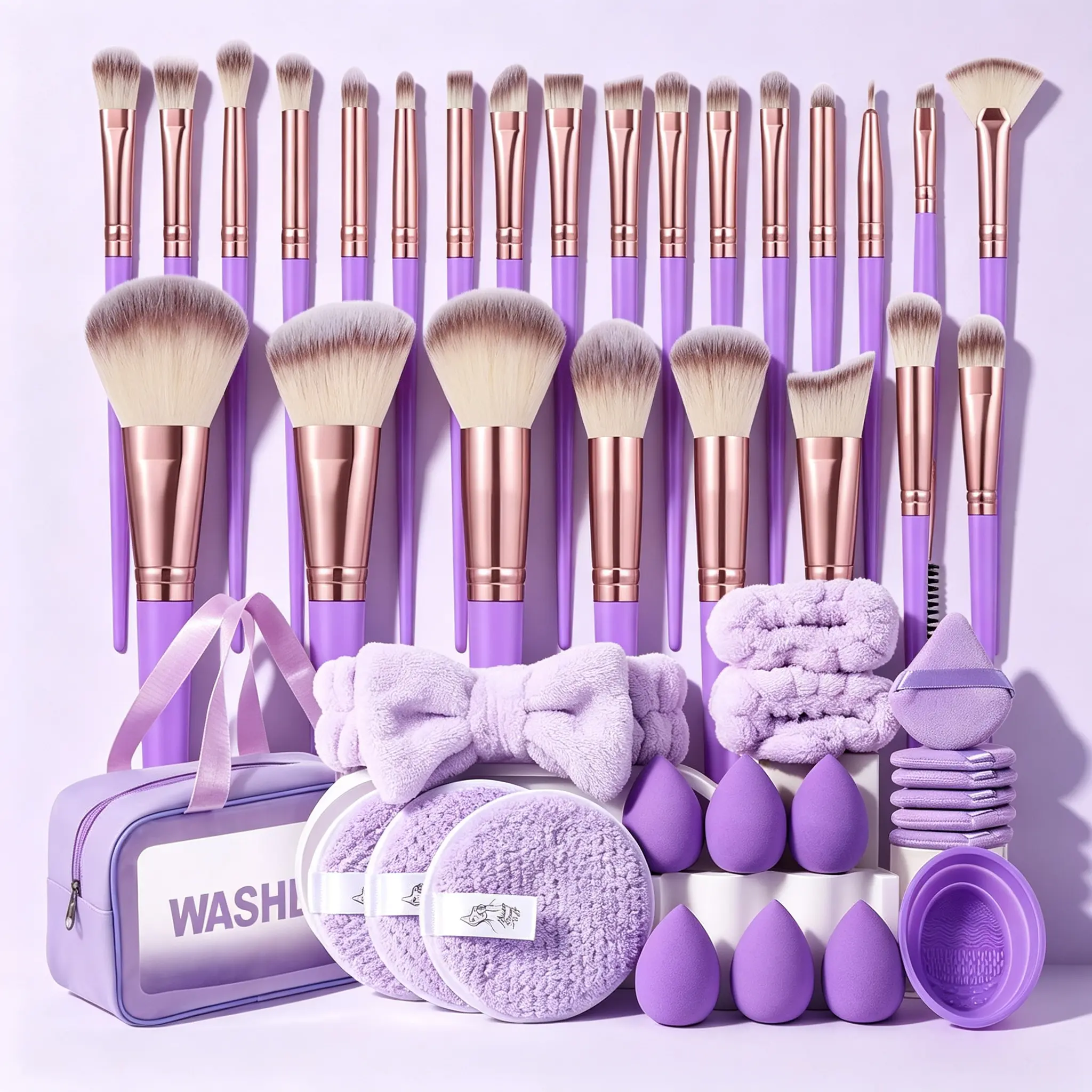 All-in-One Makeup Tool Set, Makeup Brush Set with Storage Bag Face Fan & Eyelash Brushes, Purple Beauty Sponges, Triangle Finger Powder Puffs, Plush Bow Headband, Silicone Cleaning Bowl, Portable Storage Bag, Ideal for Daily Use, Travel & Gifting