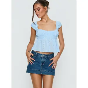Warna Low Rise Denim Mini Skirt Mid Blue Wash