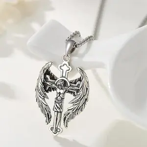 Jesus Cross Necklace for Men 925 Sterling Silver Jesus Wing Prayer Pendant Necklace Jesus Crucifix Jewelry 22+2" Stainless Steel Chain