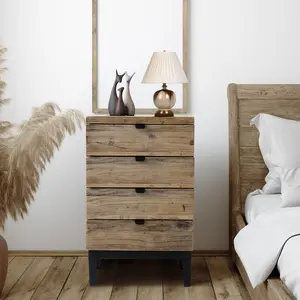 PieDle Farmhouse Nightstand Solid Wood Bedside Table with 3/4-Drawers Bedside End Tables Storage for Living Room, Hallway, Handmade Distressed, Natural, Set of 2