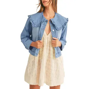 ARTFREE Womens Denim Jacket Peter Pan Collar Cute Cropped Long Sleeve Shirts Jean Coat with Pockets