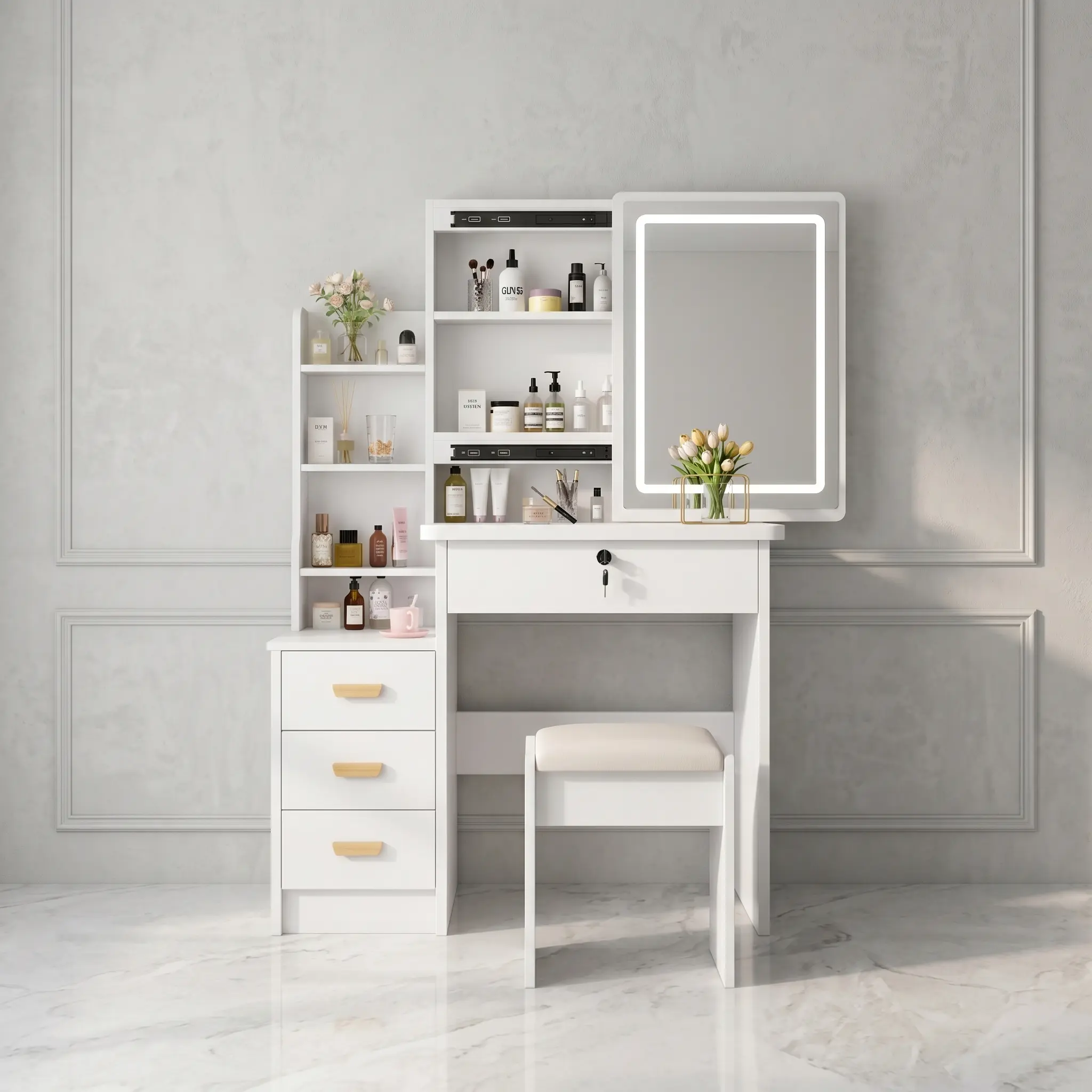 Height 51.2 Inches, 3-Tone Touch LED Vanity with Mirror - Solid Wood Modern Rectangular Makeup Vanity Set, Lockable Drawers, Multi-Shelf Open Storage & Matching Soft Cushioned Stool for Bedroom Dressing