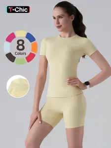 Two-Piece Set Women's Solid Round Neck Tee & High Waist Biker Shorts Tracksuit Set, Casual Sportswear for Indoor Outdoor Wear Sweatsuit Set, Sporty Style Outfits