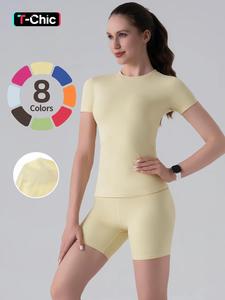 two-piece set women's solid round neck tee & high waist biker shorts tracksuit set, casual sportswear for indoor outdoor wear, athleisure wear set