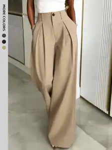 Women's Elegant Pants Solid Color Wide Leg Elastic Waist Long Pants Casual Soft Business Straight Leg Bottoms Daily Life Work Time Club Wear Going Out Party Formal Outfit Womenswear Casual Loose Pants