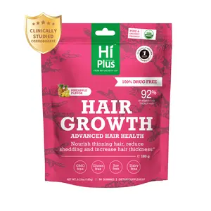 HiPlus Women’s Hair Gummies — Nourishes hair and supports thicker hair — Contains collagen, biotin, zinc, vitamin C, and iron — Pineapple flavor — 90 gummies (45 days supply)