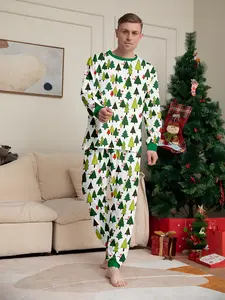 Men's 2-piece Christmas Pajama Set - Thickened Winter Pajamas Full Length (Matching Top and Pants) - Green/White/Red/Gold Pine, Snowman and Reindeer Print - Comfortable Men's Pajamas, Machine Washable Holiday Lounge