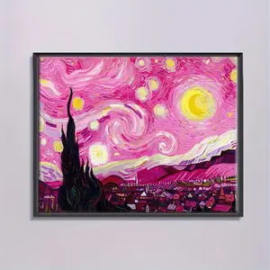 1 piece, "Van Gogh's Starry Night in Pink," 5D diamond painting, frameless, includes tool kit. All-natural round diamond painting, diamond art embroidery kit, suitable for home decoration, handmade relaxing gift.