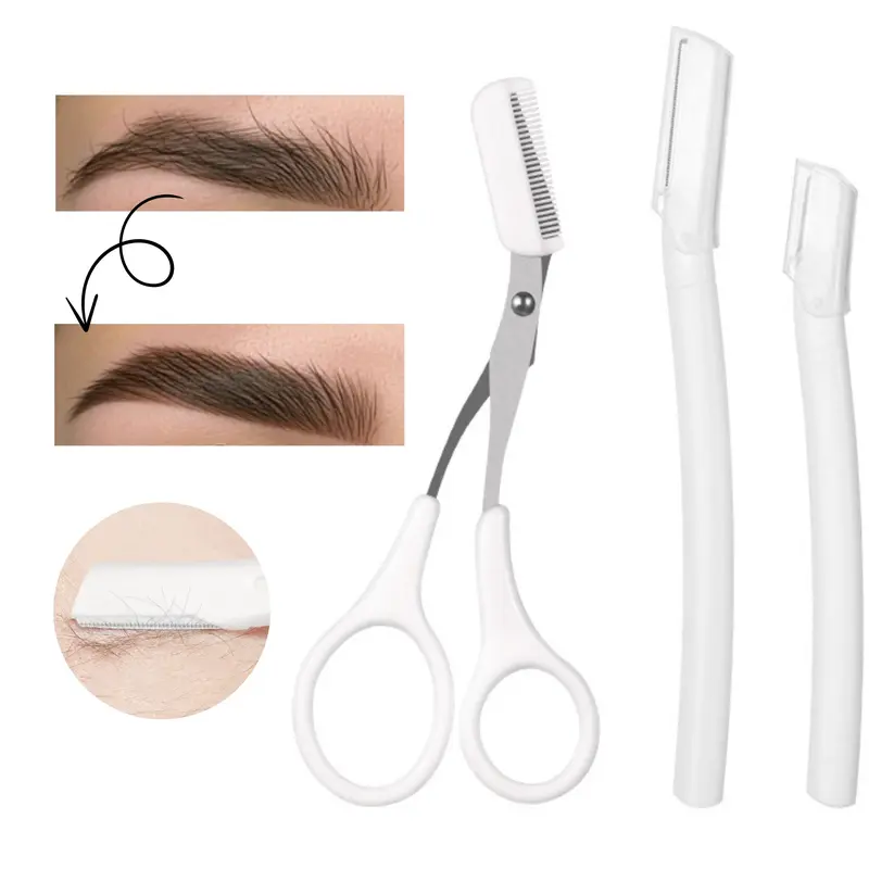 Eyebrow & Eyelash Grooming Set with Scissors Comb, Safety Eyebrow Razors, Stainless Steel Precision Brow Shaping Kit -  Beginner-Friendly(3PCS)
