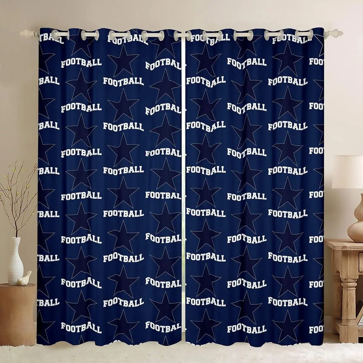 American Texas Star Cowboy Players Blackout Curtains,Rugby Football Sports Games Window Drapes for Boys Man,Rugby Competition Blue Fashion Window Treatments Grommet Top 2 Panel Set