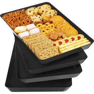 4-Pack Serving Tray Set, Reusable Plastic Serving Platter for Party Supplies, Entertaining, Grilling Accessories, Stackable Kitchen Snack Box Container for Dessert, Fruit, Cookie
