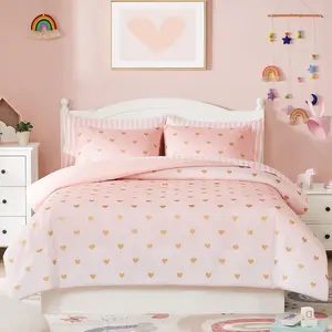 Twin Comforter Set with Sheets for Girls 5 Pieces Twin Bedding Sets with Pink White Gradient Ombre Comforter, Sheets, Pillowcase & Sham for Kids (Gold Heart, 66" X 86")
