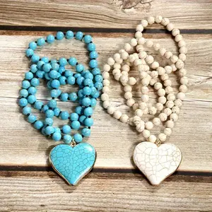 Vintage Ethnic Style Handmade Knotted Beaded Necklace Heart Shape Pendant Jewelry