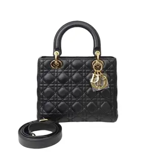 Pre-owned Dior Lambskin Shoulder Bags Medium Lady Bag in Black with Gold Tone Hardware