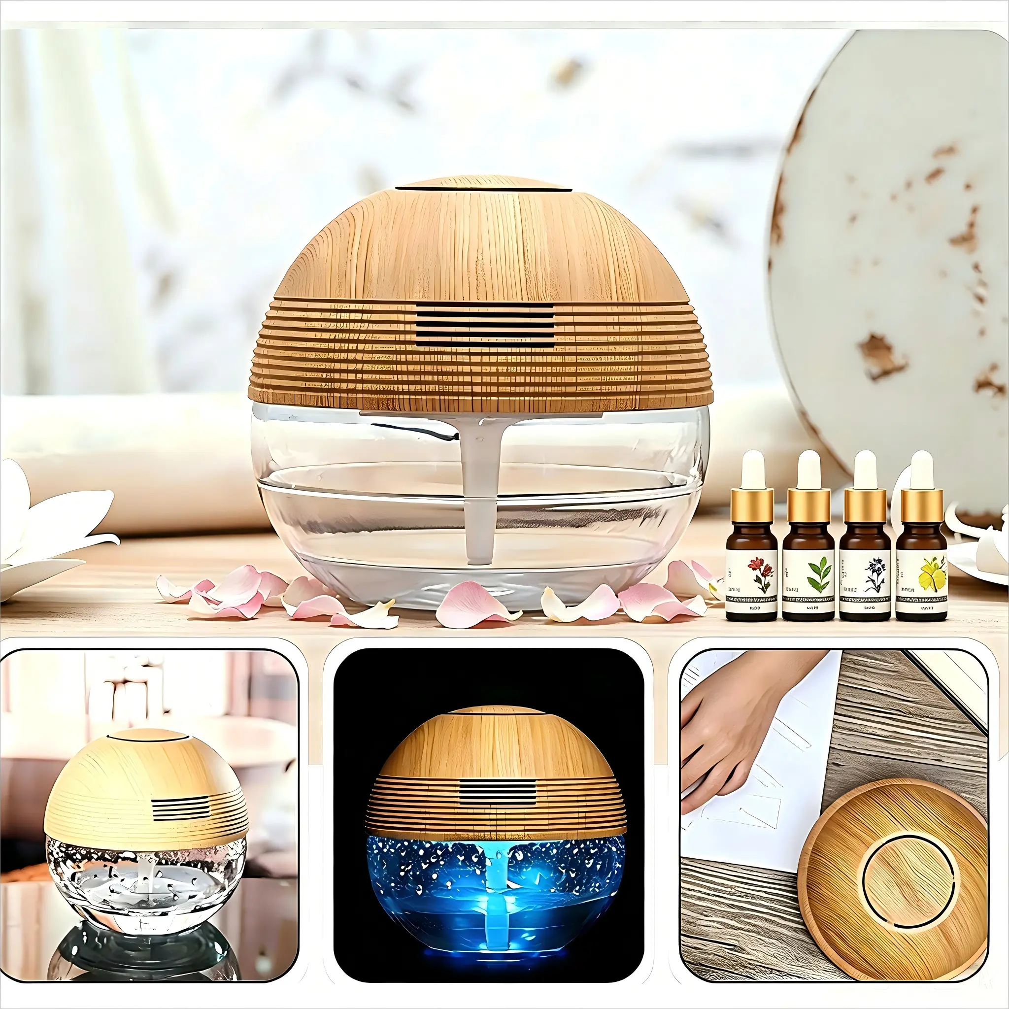 3-in-1 Portable Scented Aromatherapy Diffuser Humidifier - Air Purifier, 700-1000mL Capacity, Includes 4 x 10mL Fragrance Oil Bottles, Suitable for Office, Room Humidity Enhancement