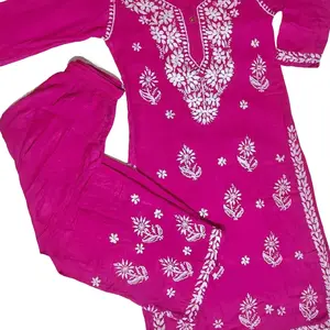 Handmade Lukhnavi Chickenkari Rayon Cotton Plazo Cord Set in Vibrant Pink with Floral Embroidery Design kurta suits