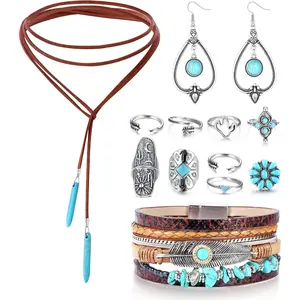 FINREZIO 11 Pcs Natural Bohemian Turquoise Jewelry Set for Women Men Boho Leather Cuff Bracelet with Stackable Knuckle Rings Set Fashionable Western Jewelry Set Exquisite Pendant Suede Long Choker Necklace Vintage Turquoise Statement Dangle Earrings