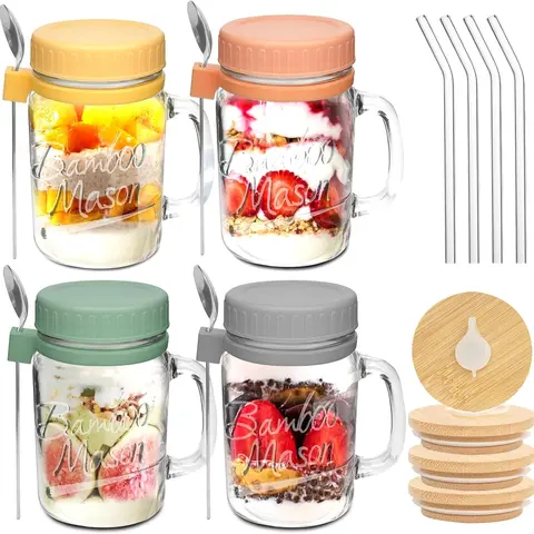 Mason Life 16 oz Wide Mouth Glass Containers Jars Set of 4 - Airtight, Leakproof Lid, Food Grade Kitchen Storage Canisters with Lids, Handles, Spoons for Yogurt, Cereal (Ideal for Anniversary Gifts), Leakproof Lid Jars