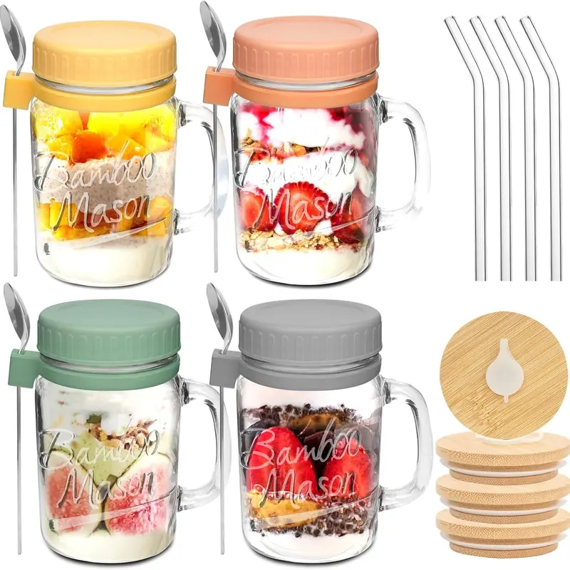 Mason Life 16 oz Wide Mouth Glass Containers Jars Set of 4 - Airtight, Leakproof Lid, Food Grade Kitchen Storage Canisters with Lids, Handles, Spoons for Yogurt, Cereal (Ideal for Anniversary Gifts), Leakproof Lid Jars