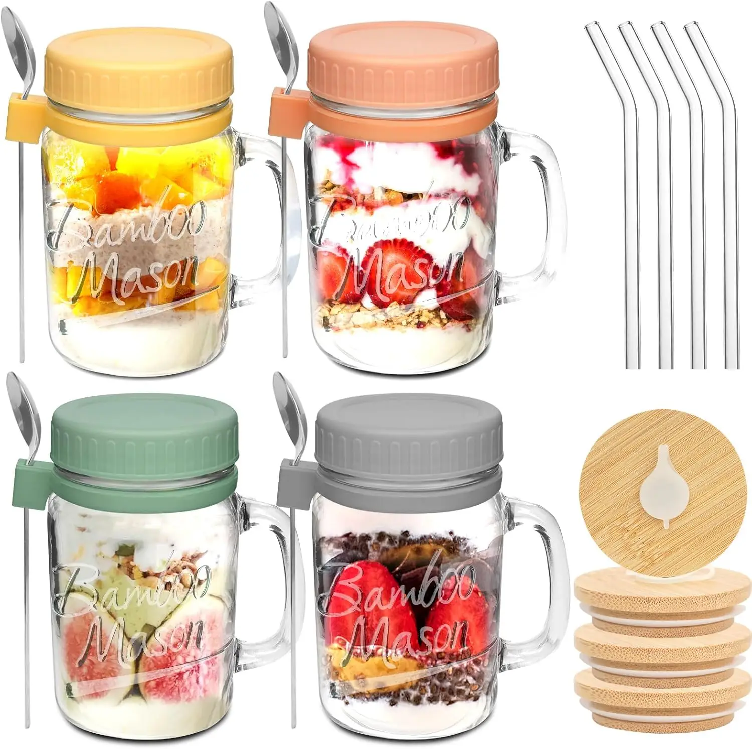 Mason Life Overnight Oats Containers with Lids and Spoons - 16 oz Mason Jars with Handle Set of 4 - Airtight Glass Meal Prep Containers for Oats Overn