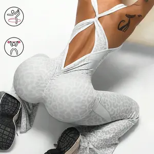 Women’s Leopard Print High-Waist Jumpsuit, Sexy Hollow-Out Criss-Cross Back Design, Fitness Wear, Backless Jumpsuit, Trendy Activewear, Women’s Slim-Fit Sports Suit, Flared Pants, Yoga Set Workout Bodysuit