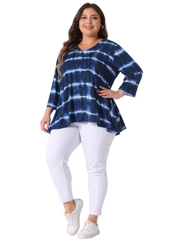 Agnes Orinda V Neck Plus Size Tops for Women Elbow 3/4 Sleeve Loose Fit Casual Blouse Tee Top Tie Dye T Shirts Trendy Blue White