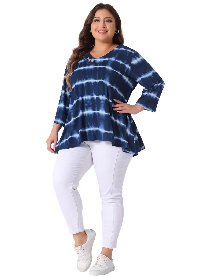 Agnes Orinda V Neck Plus Size Tops for Women Elbow 3/4 Sleeve Loose Fit Casual Blouse Tee Top Tie Dye T Shirts Trendy Blue White