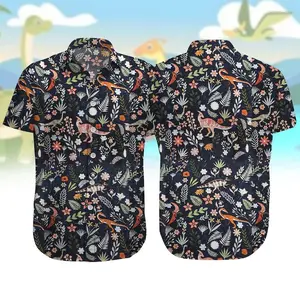 Dinosaur Hawaiian Shirt for Men Women, Cute Prehistoric Dino & Tropical Floral Print Aloha Shirt, Loose Fit Summer Beach Button Down, Casual Streetwear Festival Top, Cool & Soft