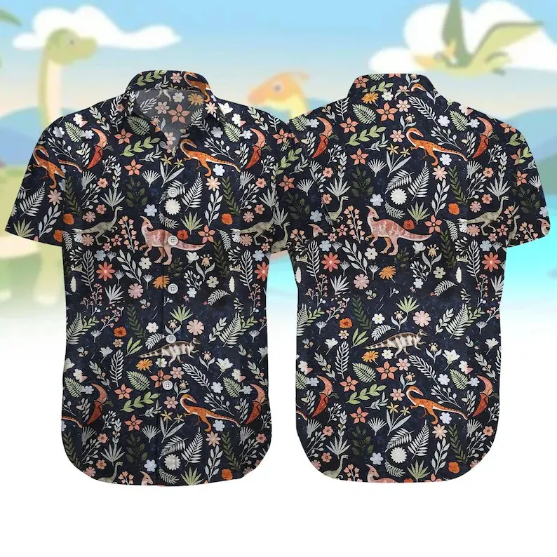 Dinosaur Hawaiian Shirt for Men Women, Cute Prehistoric Dino & Tropical Floral Print Aloha Shirt, Loose Fit Summer Beach Button Down, Casual Streetwear Festival Top, Cool & Soft