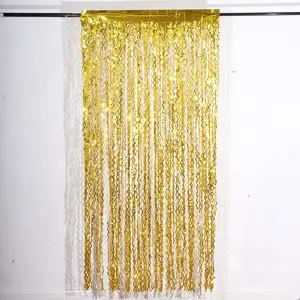 Metallic Gold Wavy Tinsel Streamer Party Backdrop, Curly Foil Fringe Photo Booth Curtain 3ftx6ft