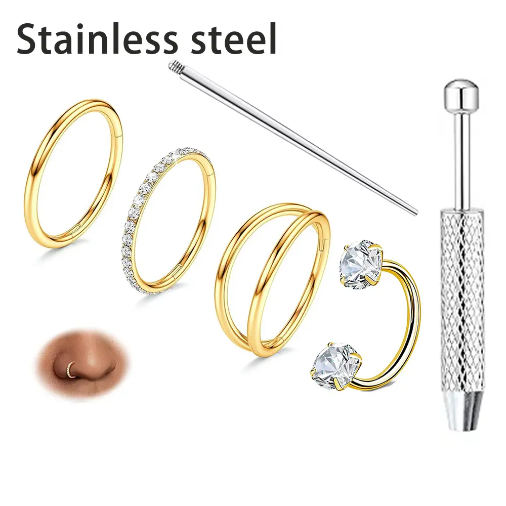 4pcs 16g 316L Stainless Steel Nose Piercing Kit,Seamless Nose Rings Zircon Small Hoop Rook Piercing Jewelry Nose Jewelry with Professional Piercing Tools Body Piercing Cartilage Tragus Conch Earrings for Women men for Daily Wear, Party, Festival
