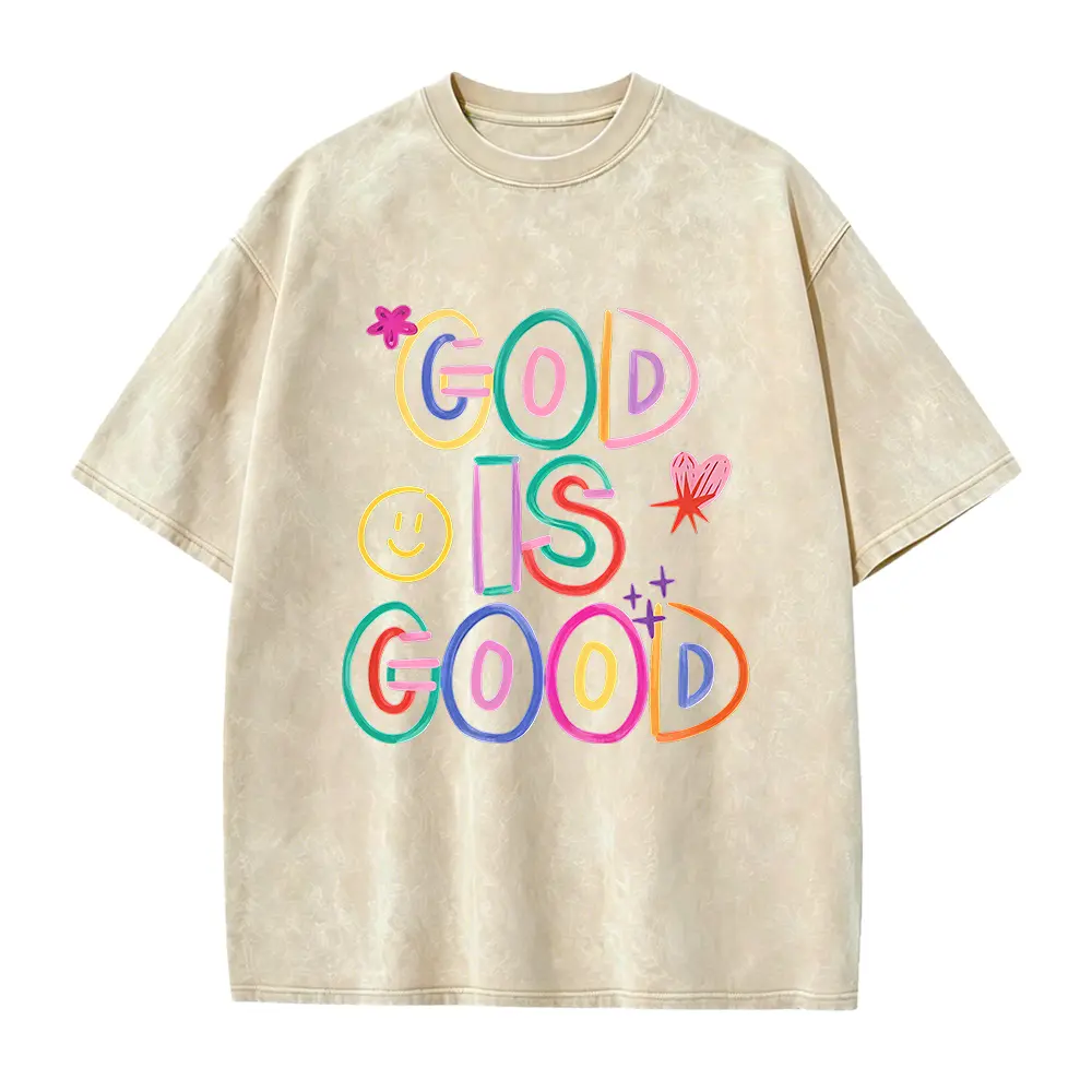 Women's Colorful "God Is Good" Hand-Drawn Graphic Short-Sleeve T-Shirt, Y2K Aesthetic Oversized Elastic Cotton Fabric Top