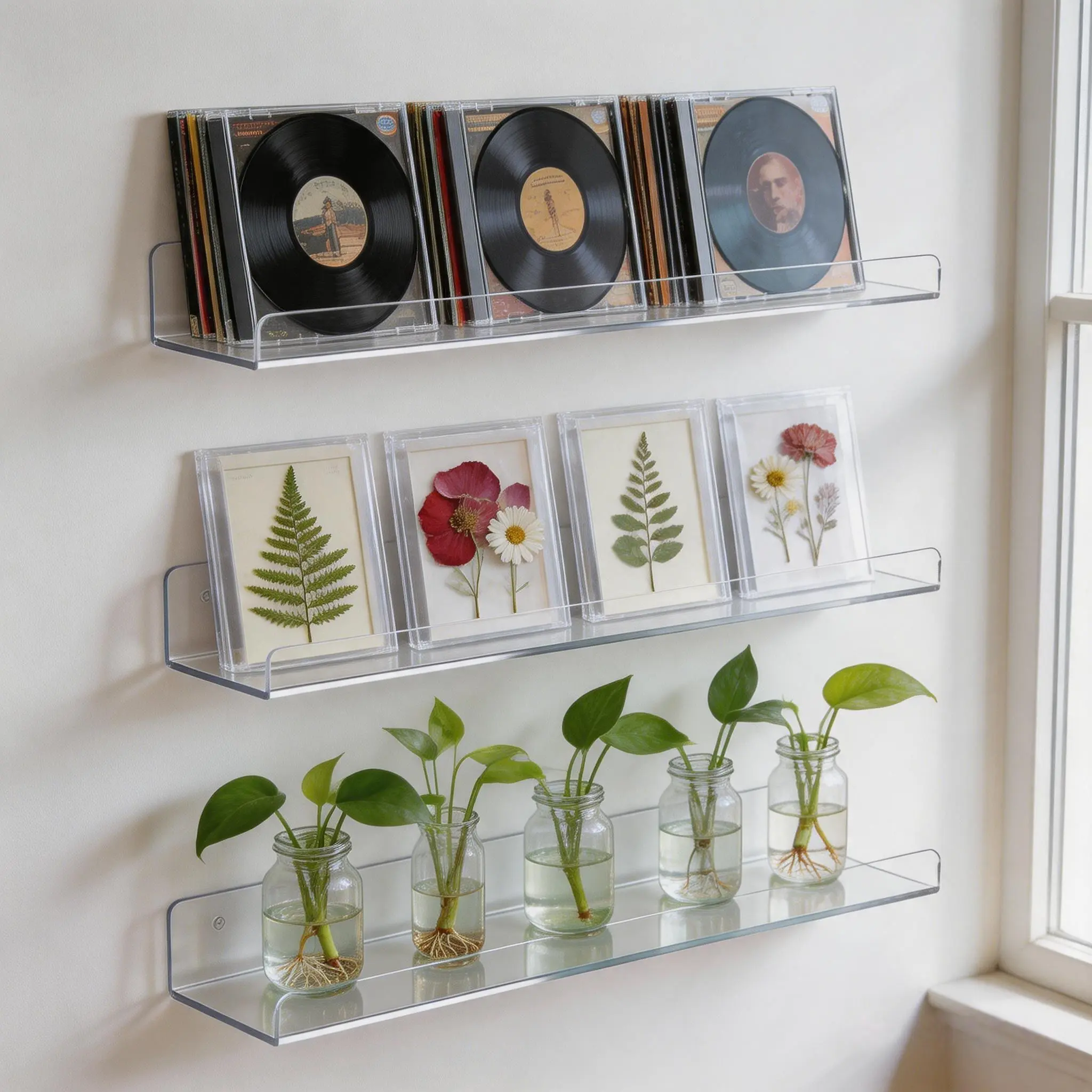 15 Inch Clear Acrylic Floating Wall Shelves, Wall Mount Storage Rack, Multi-Functional Display Shelf for Skincare, Perfume, Bathroom, Bedroom and Kids Room organizer