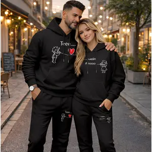 Couple's TEEE & AMOO Print Hooded Sweatshirt and Drawstring Sweatpants Set, Casual Sportswear, Long-Sleeve Hooded Jacket and Pants, Suitable for Autumn and Winter, Everyday Wear, Tracksuit, Casual Athletic Wear