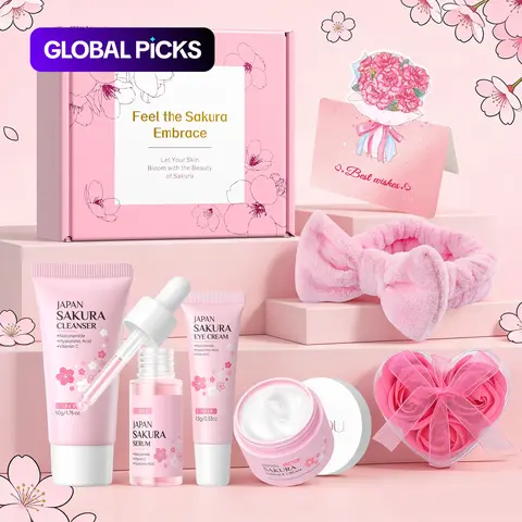 Laikou Sakura Skincare Set, Moisturizing Care Set, Skincare Gift Set with Cleanser, Toner, Lotion, Serum, Eye Cream, Face Cream, Sunscreen, Mask, Hydrating & Soothing Spa Gift Set, Birthday Gift, Skincare Set for Women & Girls #GLOBAL PICKS