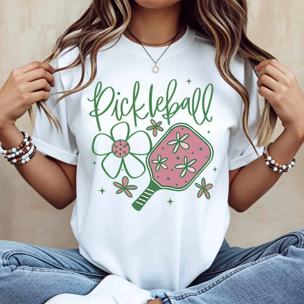 Pickleball Flower Paddle Print T Shirt Women Casual Short Sleeve Top Summer Sporty Style