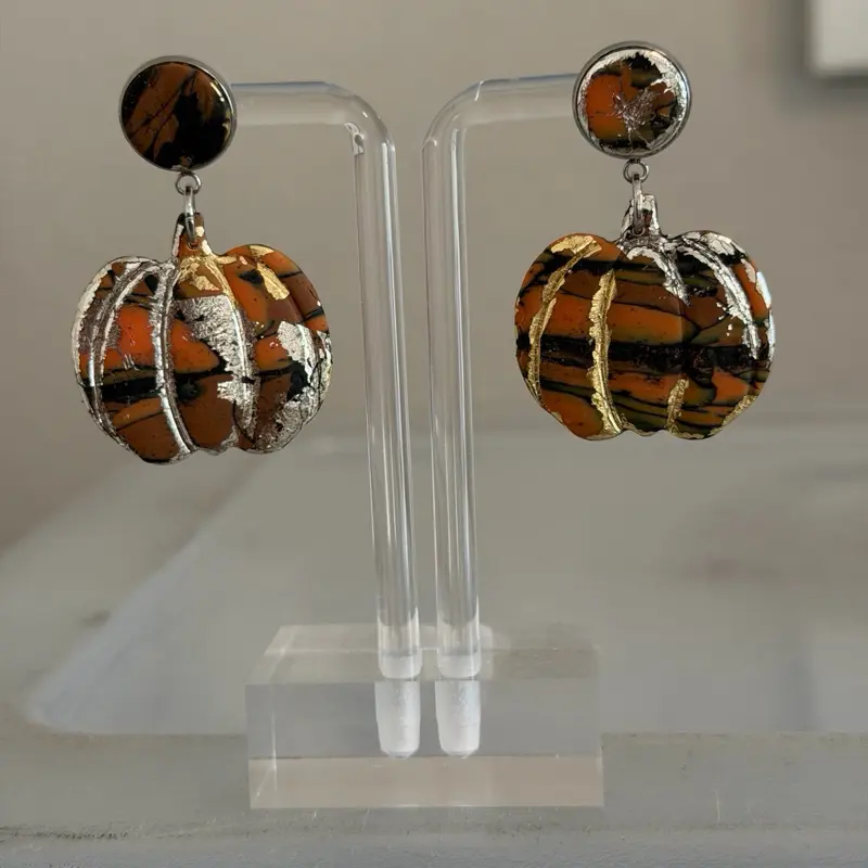Pumpkin earrings with multi color foil  and clay
