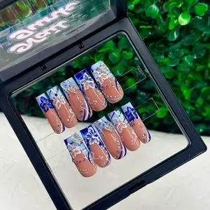 ACRYLIC Blue Summer Flower Bling Butterfly Custom High Quality Handmade Press On Nails Medium Long Coffin Square