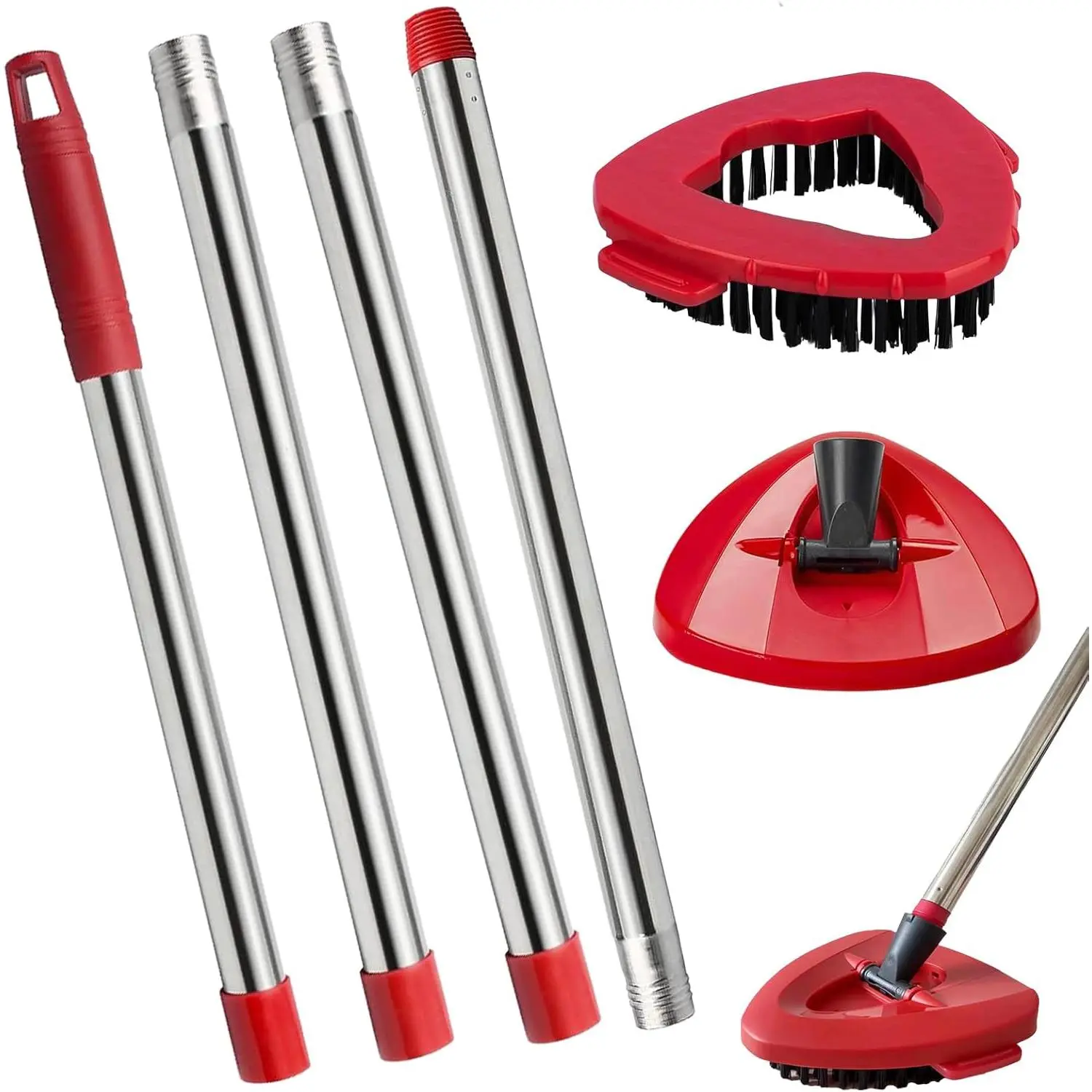 Spin Mop Replacement Handle and Mop Base Replacements for O Cedar EasyWring 1-Tank Spin Mop System,4-Section Iron Mop Handle 30-58in and 1 Mop Base and 1 Scrub Brush Cover Set Combo, Red