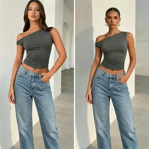 Women's Short-Sleeve Ruched Cold Shoulder T-Shirt - Basic Fit Style, Sexy Asymmetrical Design, Slim Breathable Fabric, Spring Summer Elegant Versatile Streetwear, Everyday Casual Minimalist Women's Clothes, Creative Gift summerwins